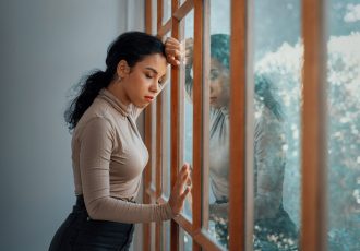 Depressed young Black woman with mental health problem in mind need crucial treatment from overthinking fatigue girl, disruptive thought, dissocial, anxiety and other mental health disorders .