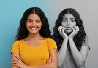 A young Indian woman stands confidently in a bright yellow shirt on one side, radiating happiness with a warm smile. On the other side, her expression shifts dramatically to one of surprise